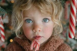 Young child enjoying a candy cane with a holiday backdrop of festive decorations photo