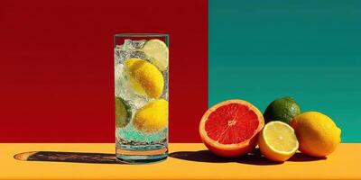 Refreshing citrus drink served in a tall glass with ice and fresh fruit displayed on a colorful background photo