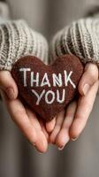 Heart-shaped thank you note held in hands with cozy sweater detail on display photo