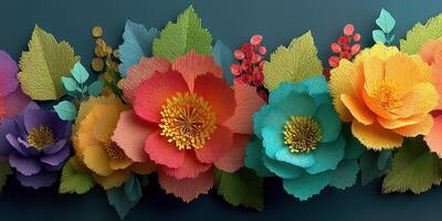Brightly colored paper flowers arranged on a dark blue background showcasing vibrant textures and delicate leaf patterns photo