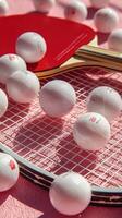 Table tennis equipment arranged neatly on a pink background with multiple balls scattered around photo