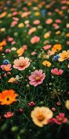 Vibrant wildflower meadow in spring with blooming flowers and rich green grass photo