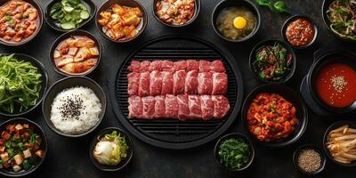 Delicious Korean BBQ spread with various ingredients prepared for grilling at a social gathering photo