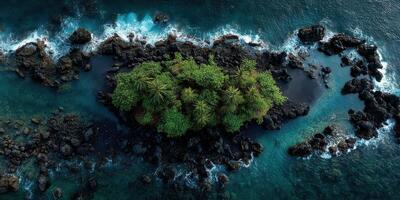 Lush tropical island surrounded by vibrant blue ocean waves in a serene coastal landscape photo