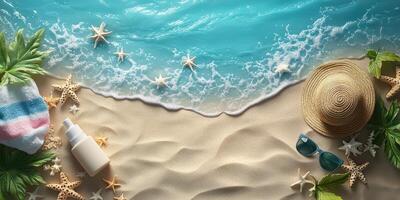 Coastal relaxation setup with beach essentials on golden sand beside tranquil turquoise waves photo