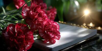 Elegant arrangement of red carnations next to an open notebook with soft lighting in the background photo
