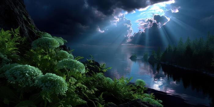 Dramatic twilight over tranquil lake with lush greenery and vibrant clouds photo