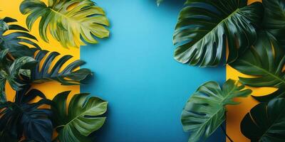 Colorful display of tropical leaves on vibrant background creating a lively atmosphere for creativity and design inspiration photo