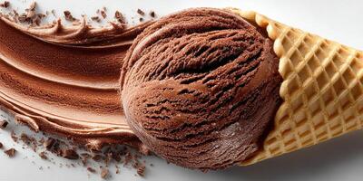 Delicious chocolate ice cream served in a waffle cone with rich chocolate swirl and shavings photo