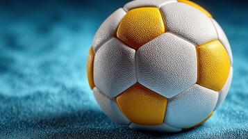 Colorful soccer ball resting on blue textured surface with focus on details and craftsmanship in a vivid setting photo