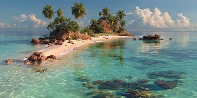 Serene tropical island with clear waters and palm trees during a calm day at the beach photo