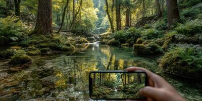 Capturing nature's beauty with a smartphone in a lush forest during daylight photo