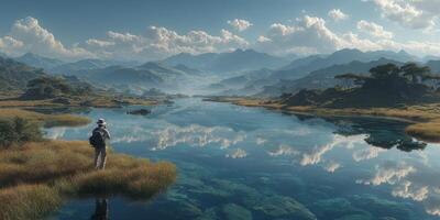 Tranquil landscape with hiker reflecting by serene lake in mountain valley during daytime photo