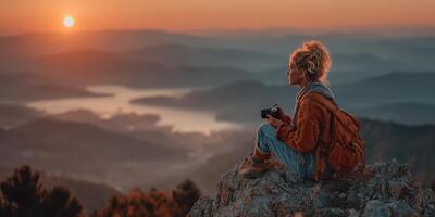 Sunset view from mountain peak captures traveler reflecting with camera in hand at golden hour photo