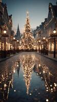 Magical winter evening in a festive town square with a grand Christmas tree and shimmering lights photo
