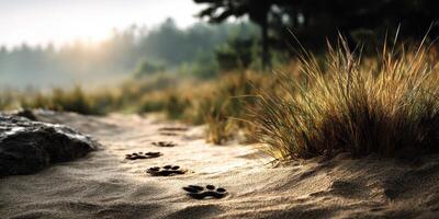 Footprints on a sandy trail through tall grass in a tranquil forest at sunrise photo