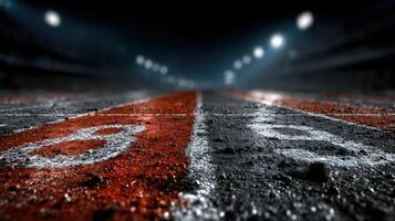 Track surface illuminated by stadium lights displaying start line for a race at night in a competitive sports setting photo
