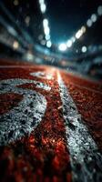 Rain-soaked running track captured in low light with blurry lights in the background during an evening athletic event photo