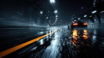 Fast car racing through a rainy urban tunnel at night with illuminated city scenery photo