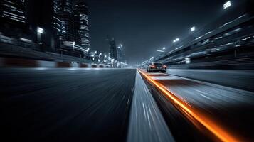 Nighttime racing on a city street with vibrant lights illuminating the track photo
