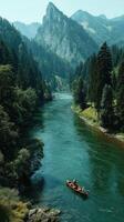 Mountain river adventure with canoeing amidst stunning natural scenery and lush greenery during daytime photo