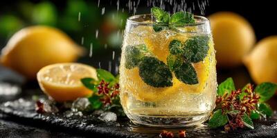 Refreshing citrus drink with mint and lemons served over ice on a dark background photo