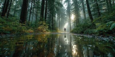 Misty forest landscape with a lone figure walking through a tranquil path reflecting serene light and water photo