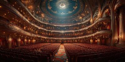 Luxurious interior of a grand theater before a performance featuring ornate details and velvet seating photo