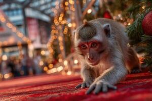 Monkey explores a festive market surrounded by lights and decorations during the holiday season photo