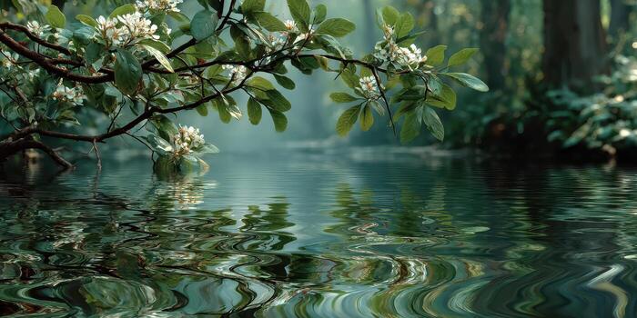 Tranquil waters reflect lush greenery and delicate flowers in a serene forest setting photo