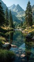 Majestic mountain landscape with a serene river reflecting clear blue skies in the afternoon light photo