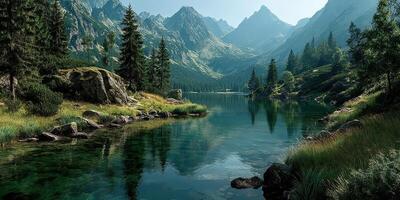 Mountain landscape reflecting in clear lake surrounded by green trees at sunrise photo