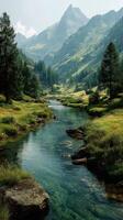 Serene valley with a flowing stream surrounded by majestic mountains and lush greenery during daytime hours photo