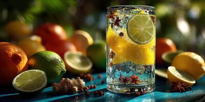 Refreshing citrus drink garnished with lemon, lime, and spices on a vibrant blue table surrounded by assorted fruits photo