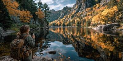 Person enjoys nature's tranquility by the river during autumn in a mountainous area with vibrant fall foliage photo