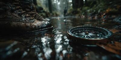 Exploring a misty forest stream with hiking boots and compass in autumn photo