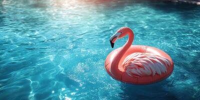 Bright flamingo float in serene blue pool on a sunny summer day photo