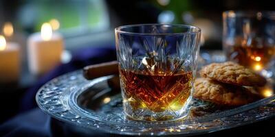 Enjoying whiskey and cookies on a cozy evening with soft candlelight ambiance photo