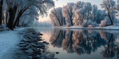 Frost-covered riverbank with winter trees reflecting on still water at dawn photo