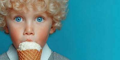 Young child with curly hair enjoying ice cream against a bright blue background in a playful moment photo