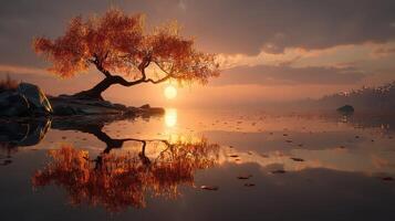 Majestic sunset over tranquil lake with a solitary tree and vibrant autumn colors photo