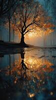Golden autumn leaves reflect on tranquil water during a foggy morning in the forest photo