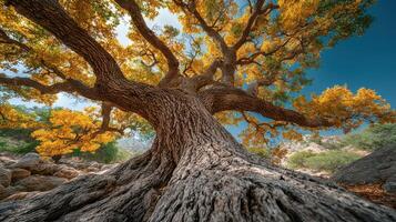 Ancient oak tree stands strong under a clear blue sky, showcasing vibrant autumn leaves in a rocky landscape photo