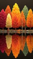 Vibrant autumn trees reflecting in still water at sunset near a serene lake photo