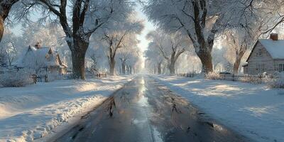 Winter landscape showing a serene snow-covered road lined with trees and houses at dawn photo