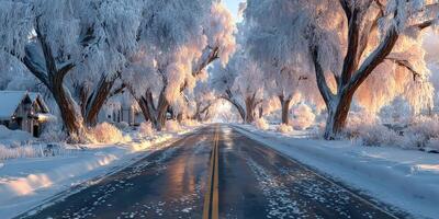 Winter road lined with frosty trees in a tranquil village during the golden hour photo