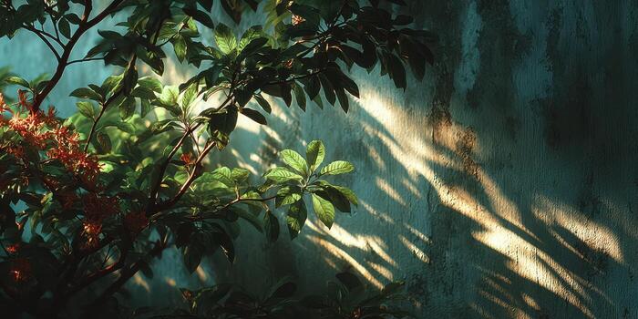 Sunlight filters through leaves casting intricate shadows on a textured wall in a tranquil garden setting photo