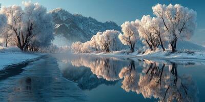 Frozen winter landscape featuring snow-covered trees by a calm river at dawn with blue skies and reflections in the water photo