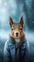Squirrel dressed in denim jacket and hoodie standing in a winter landscape with a whimsical expression photo