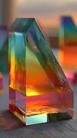 Colorful glass sculpture reflecting sunlight on a table with artistic arrangement at sunset photo